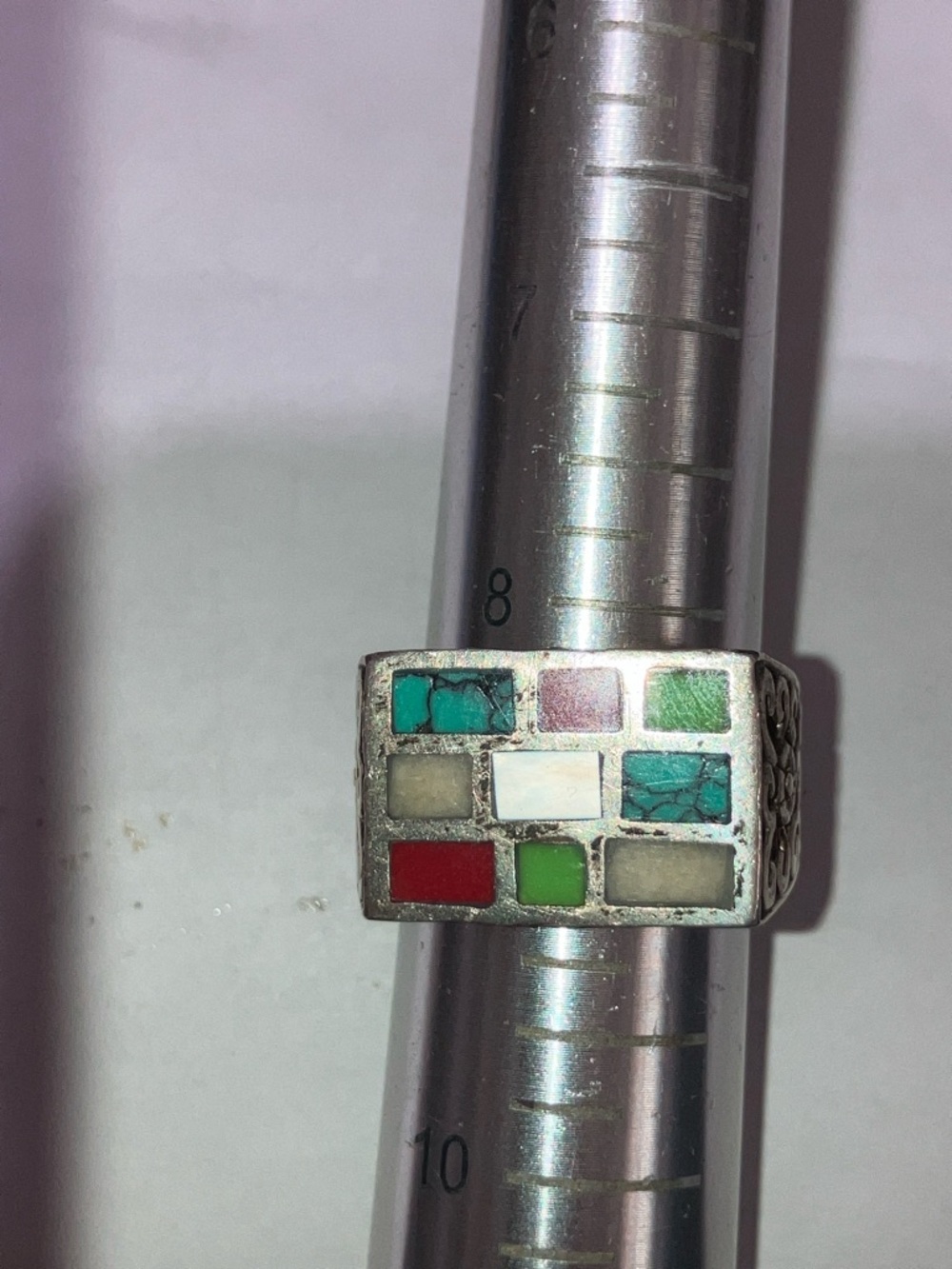 Sterling Silver Multicolor Inlay Wide Band Ring - Blue Green Pink Cream - Picture 3 of 9